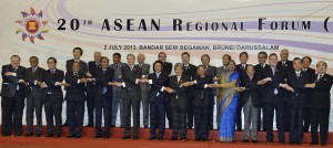 Foreign Ministers and Secretary-Generals of Association of Southeast Asian Nations and their dialogue partners pose for group photo during the 20th ASEAN Regional Forum in Bandar Seri Begawan